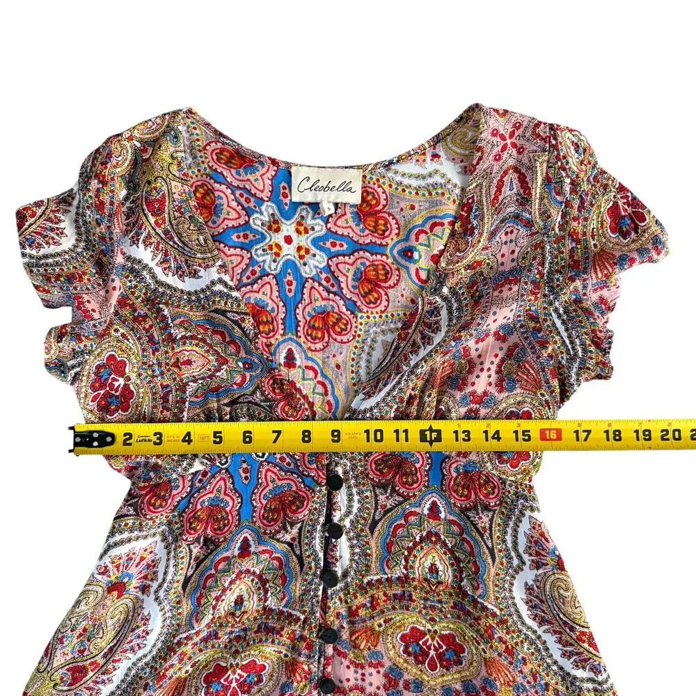 Cleobella Paisley Mini Dress Deep V Boho Multicolor Festival Dopamine Small - Picture 10 of 11